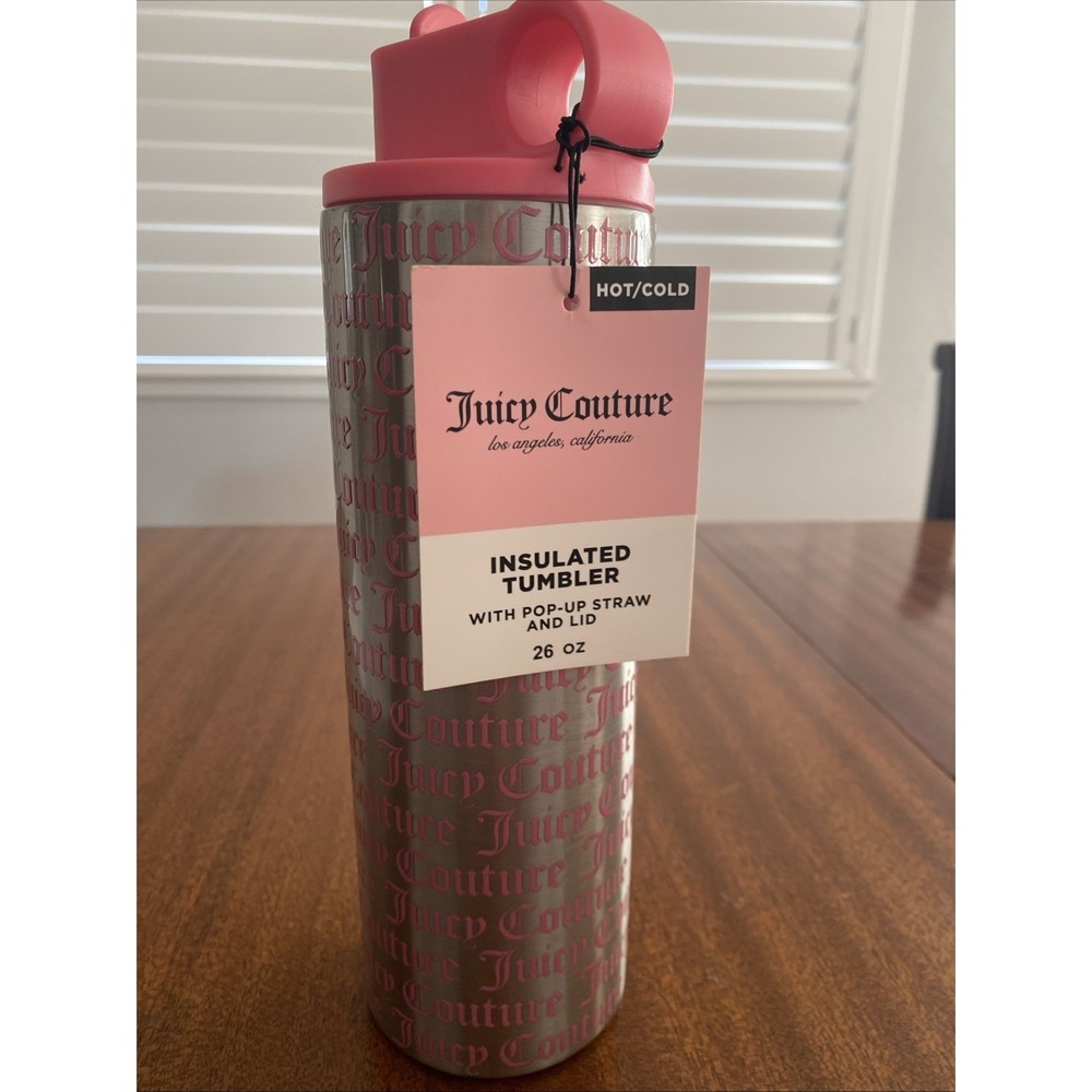 NWT Juicy Couture Pink Stainless Steel 26 oz Insulated Tumbler w/Flip Top Straw.